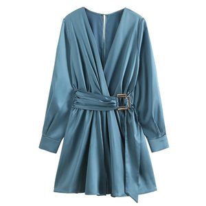 V-neck buckle-trimmed satin jumpsuit